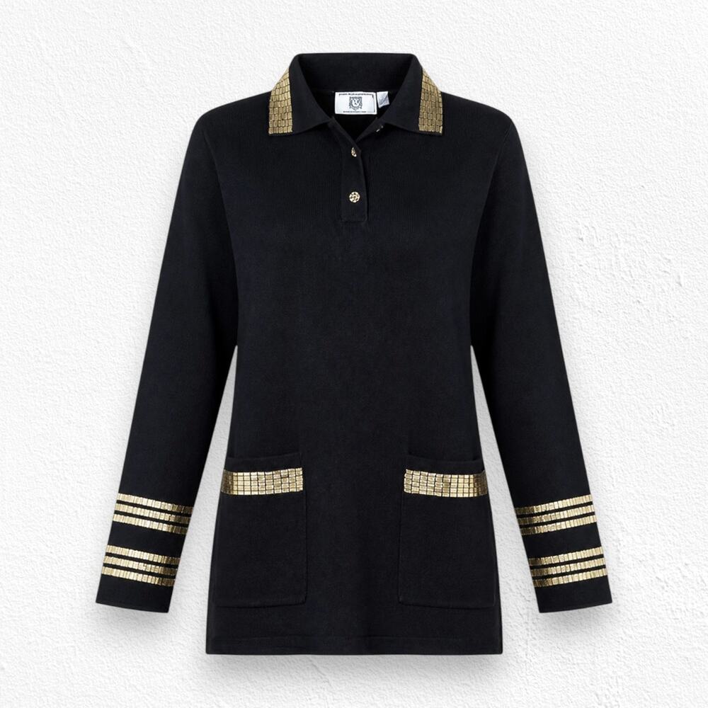 Vintage 80s Anne Klein Black Gold Beaded Cotton Tunic Sweater Size Small NWT